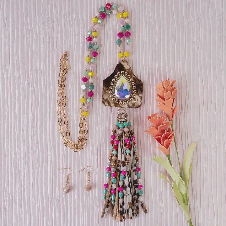 Rhinestone Animal Hide Necklace - Multi