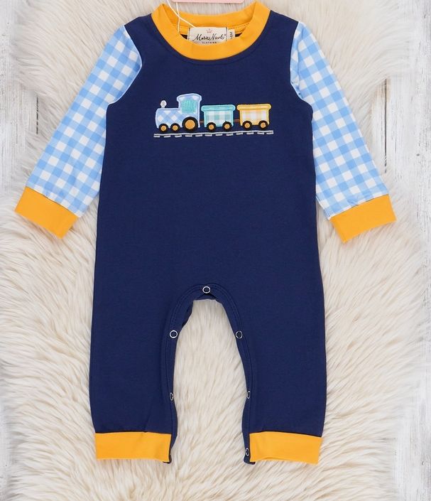 Little Conductor Gingham Train Romper
