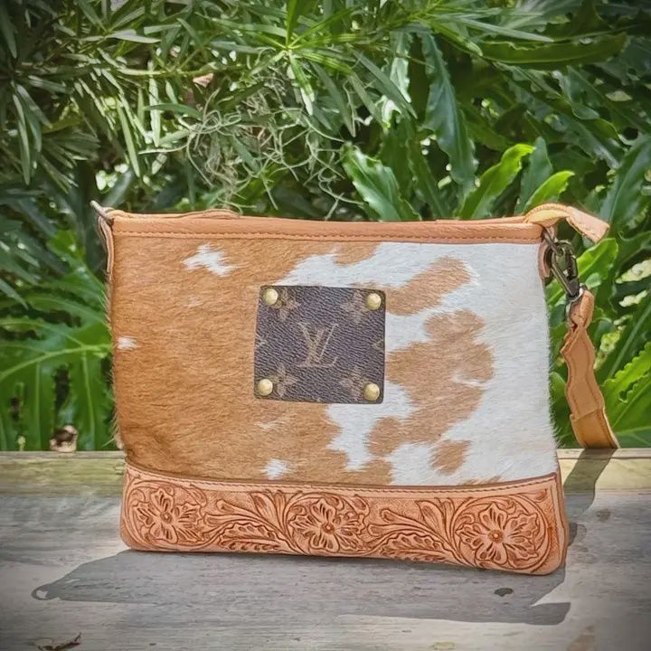 Upcycled Lv Cowhide Tooled Leather Crossbody Bag Western