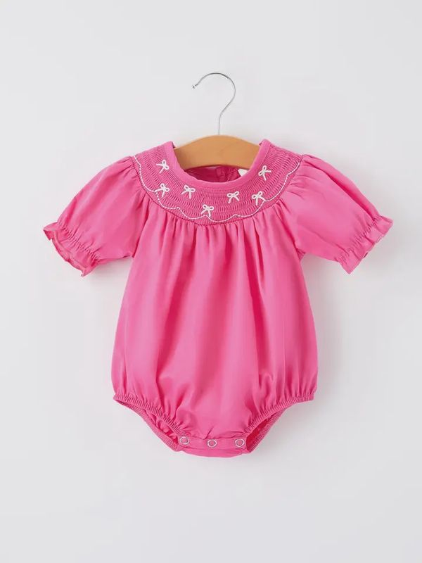 Bow Smocking Embroidery Hot Pink Romper