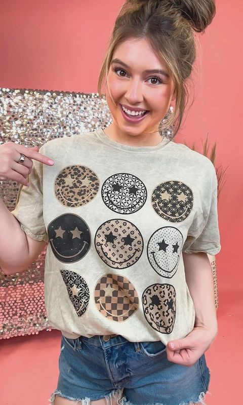 Preppy Smiley Mineral Washed Taupe Graphic Shirt