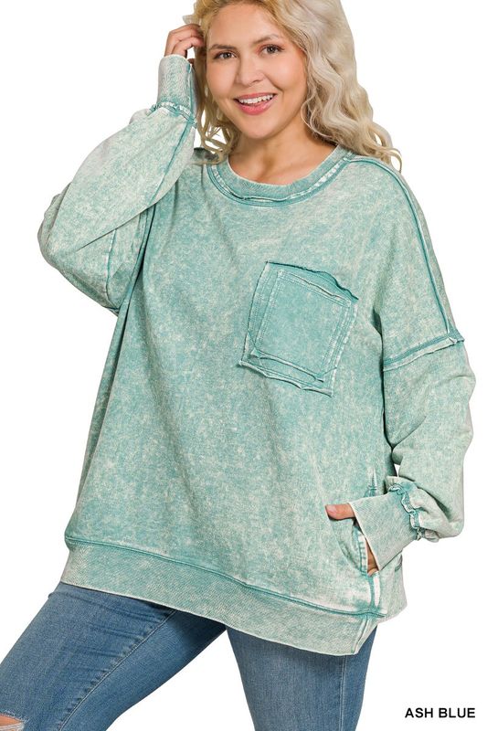 French terry Acid Wash Front Pocket Pullover - Reg/Plus