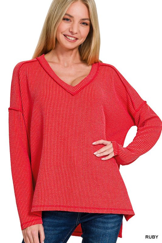 Raised Rib Long Sleeve Hi-low V Neck Top Reg/Plus