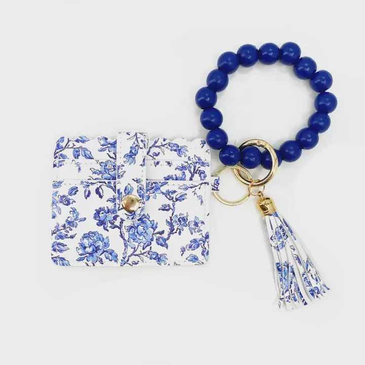 Beaded Wristlet Id Wallet Blue Flower