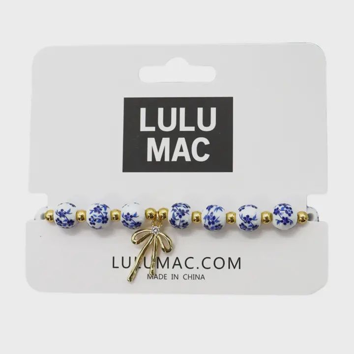 Single Strand Blue Floral w/ Gold Bow Bracelet