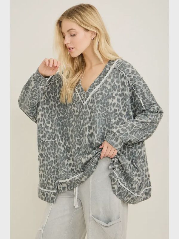 Washed Cheetah Leopard Oversized Vneck Sweatshirt