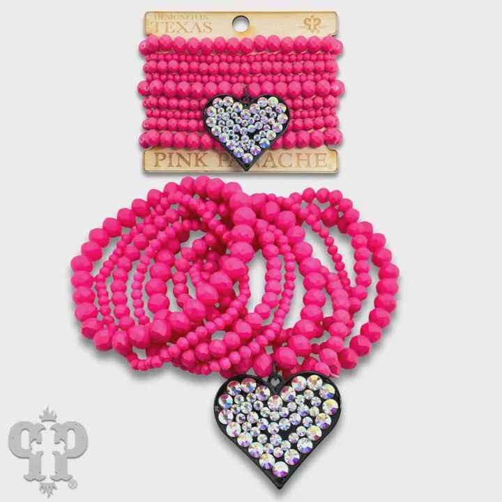 Fuchsia Bracelet Set with Rhinestone Heart Charm