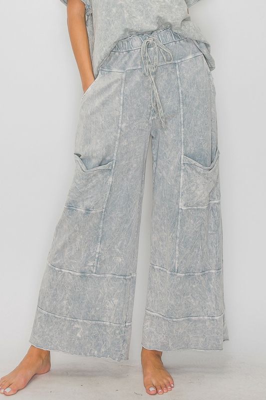 Mineral Wash Wide Leg Cropped Pants-Silver Grey