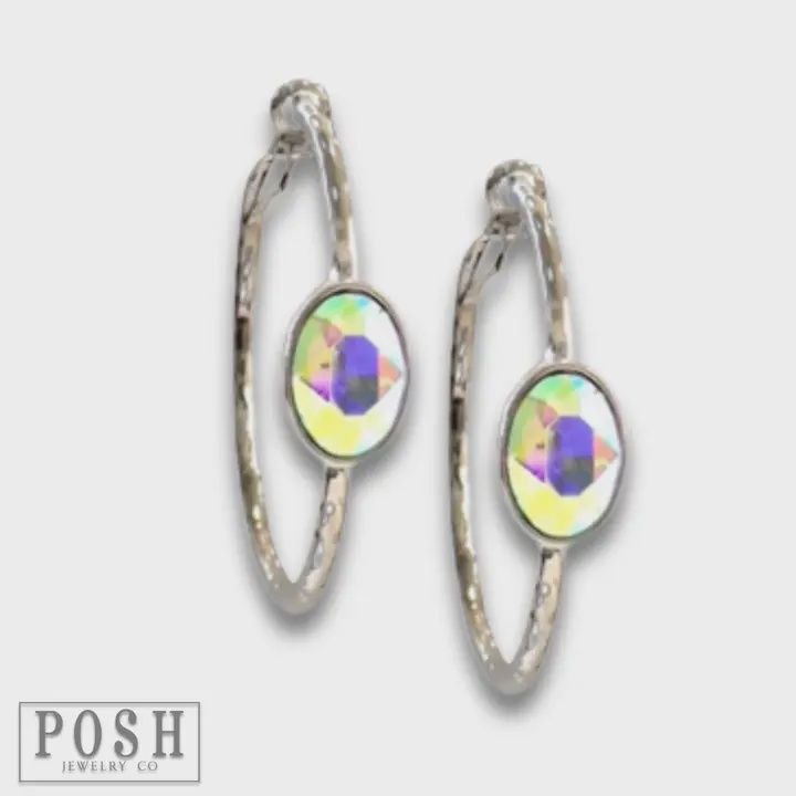 Rhinestone Oval Hammered Hoop Earring