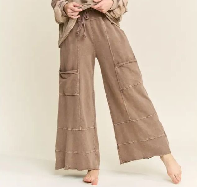 Mineral Wash Wide Leg Cropped Pants-Chocolate