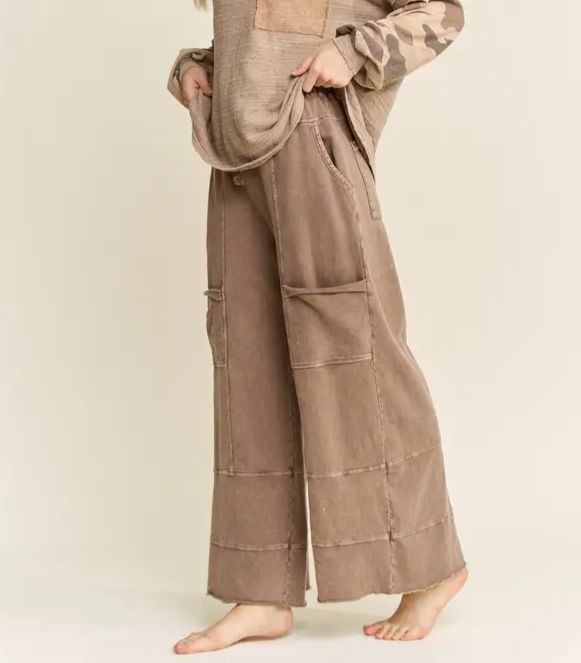 Mineral Wash Wide Leg Cropped Pants-Chocolate