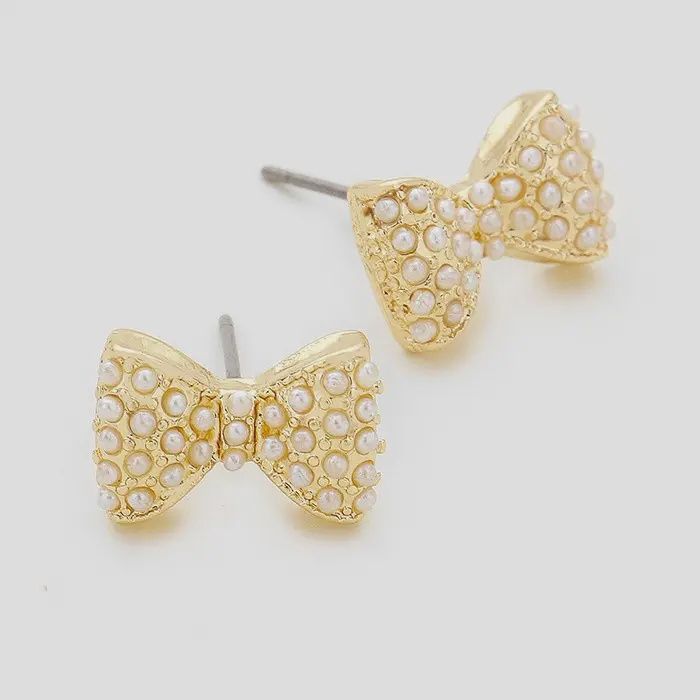 Crystal Pearl Bow Stud Earrings