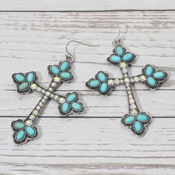 Boho Stone Embellished Cross Dangle Statement Earrings