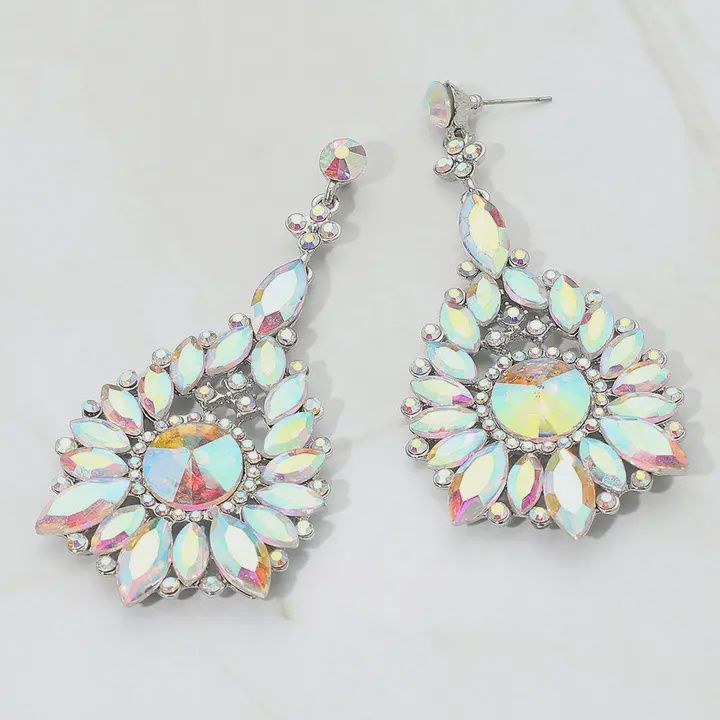 Elegant Marquise Round Stone Cluster Teardrop AB Evening Earrings