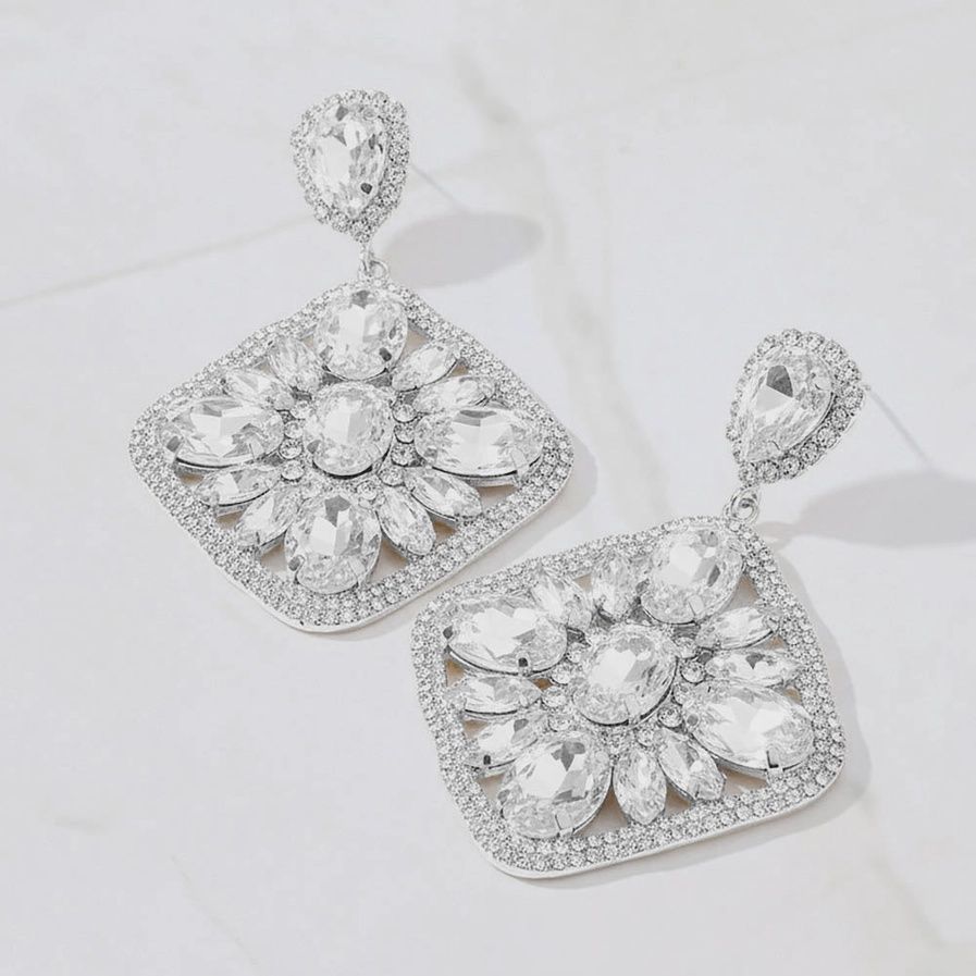 Oval Marquise Stone Cluster Rhinestone Dangle Earrings-Rhodium, Clear