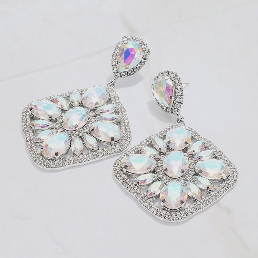 Oval Marquise Stone Cluster Rhinestone Dangle Earrings-AB
