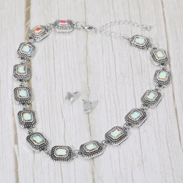 Boho Iridescent Square Stone Cluster Link Necklace