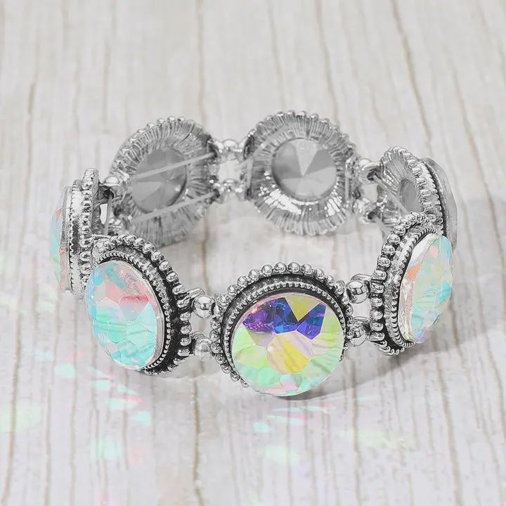 Iridescent Round Stone Link Stretch Evening Bracelet
