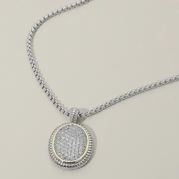 14K Gold Plated Two Tone Cz Stone Paved Oval Pendant Necklace