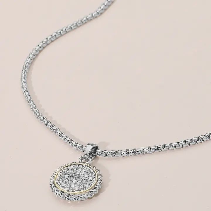 Stone Paved Round Beaded Frame Pendant Necklace