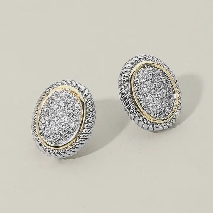 14K Gold Plated Two Tone Cz Stone Paved Oval Stud Earrings