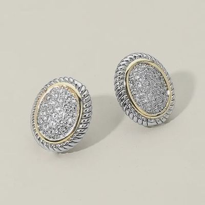14K Gold Plated Two Tone Cz Stone Paved Oval Stud Earrings