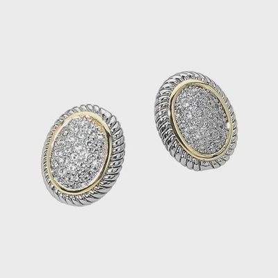 14K Gold Plated Two Tone Cz Stone Paved Oval Stud Earrings