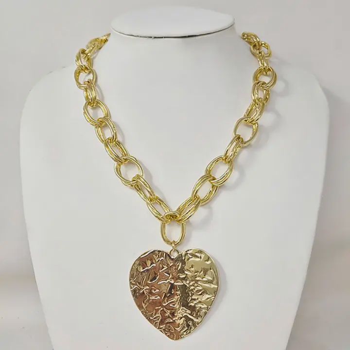 Bold Hammered Metal Heart Pendant Chunky Chain Statement Necklace