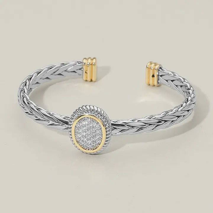 Two Tone Cz Stone Paved Oval Accent Braided Cuff Bracelet