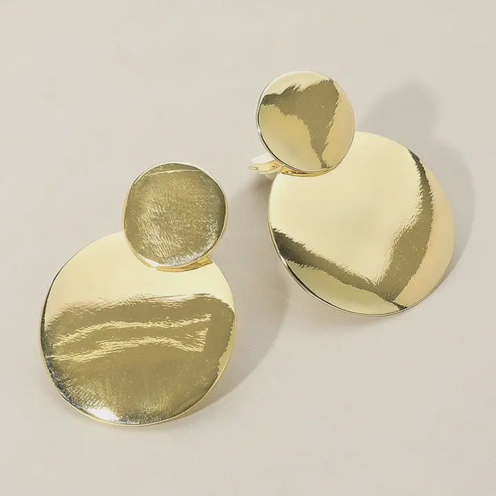 Double Metal Disc Link Clip On Earrings