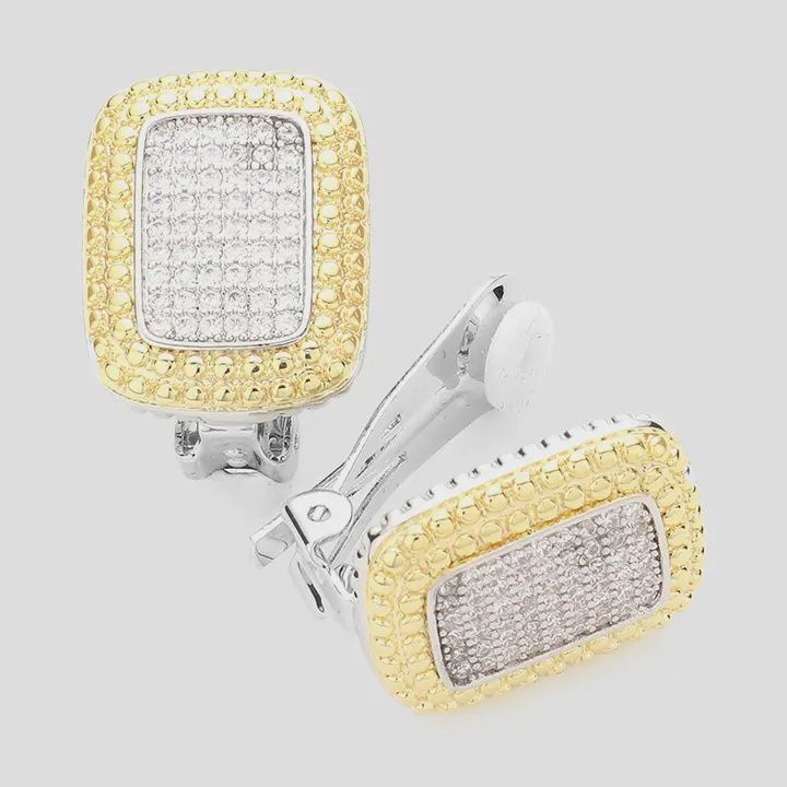 Two Tone Cz Stone Paved Rectangle Clip On Earrings