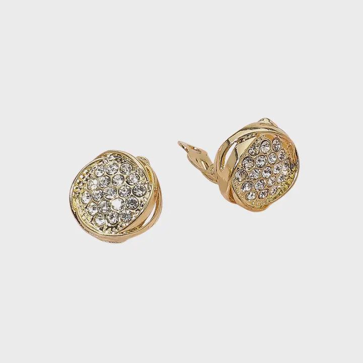 Round Rhinestone Paved Swirl Rim Evening Clip On Earrings