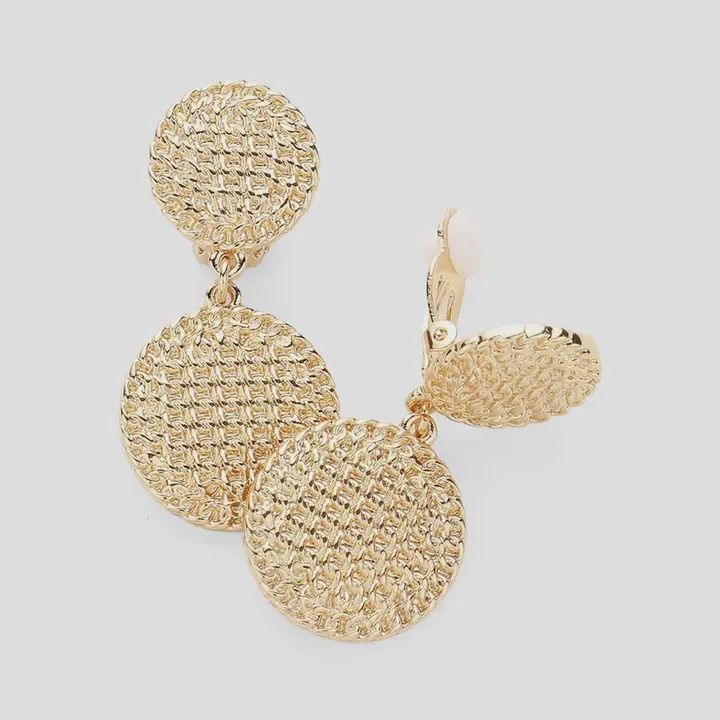 Textured Metal Disc Dangle Clip On Earrings-Gold