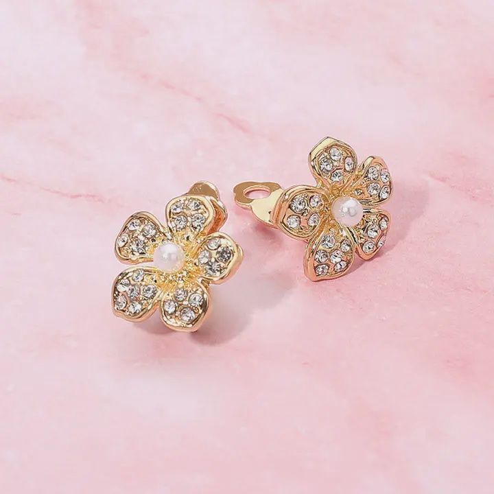 Pearl Accent Rhinestone Paved Petal Flower Evening Clip On Earrings
