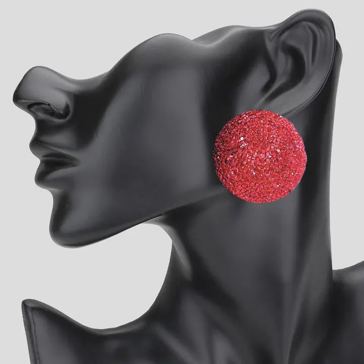 Rhinestone Pave Round Clip On Evening Earrings-Red