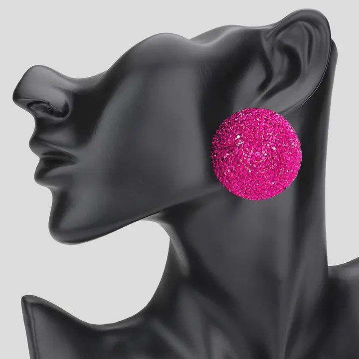 Rhinestone Pave Round Clip On Evening Earrings-Fuchsia