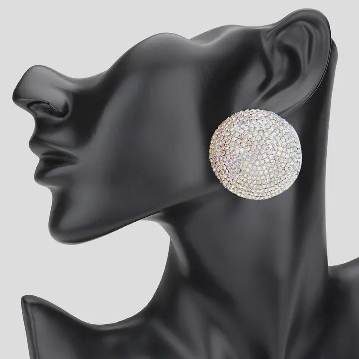 Rhinestone Pave Round Clip On Evening Earrings-AB