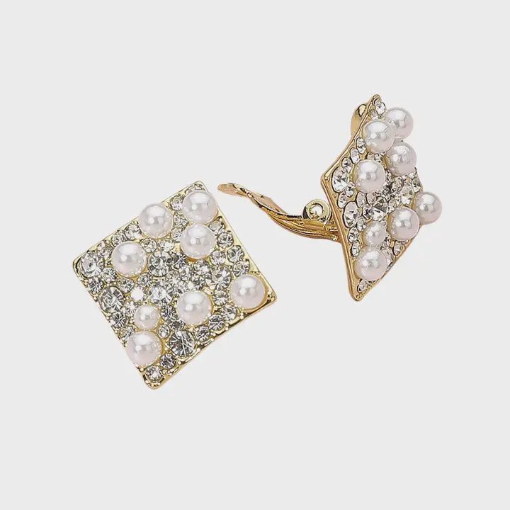 Rhinestone Pearl Embellished Square Clip On Earrings