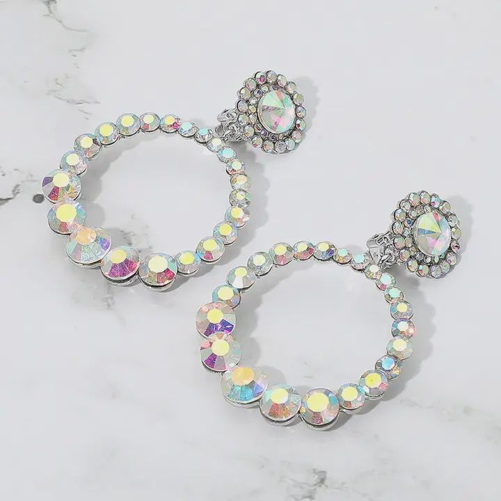 Round Faceted Stone Ring Dangle Evening Clip On Earrings-AB,Silver