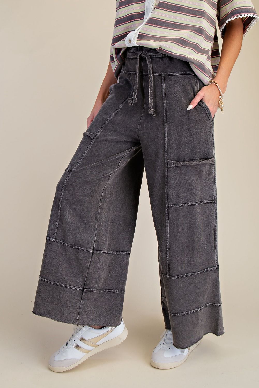 Black Mineral Washed Terry Knit Pants