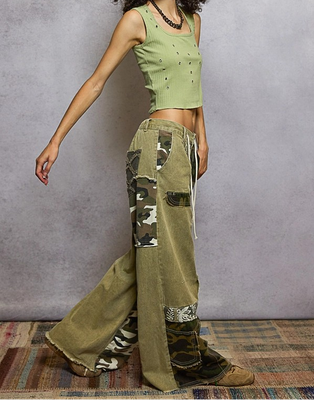 Lace-Overlay Printed Patchwork Contrast Denim Waistband Pant