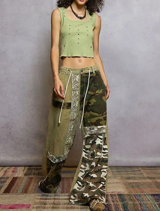 Lace-Overlay Printed Patchwork Contrast Denim Waistband Pant