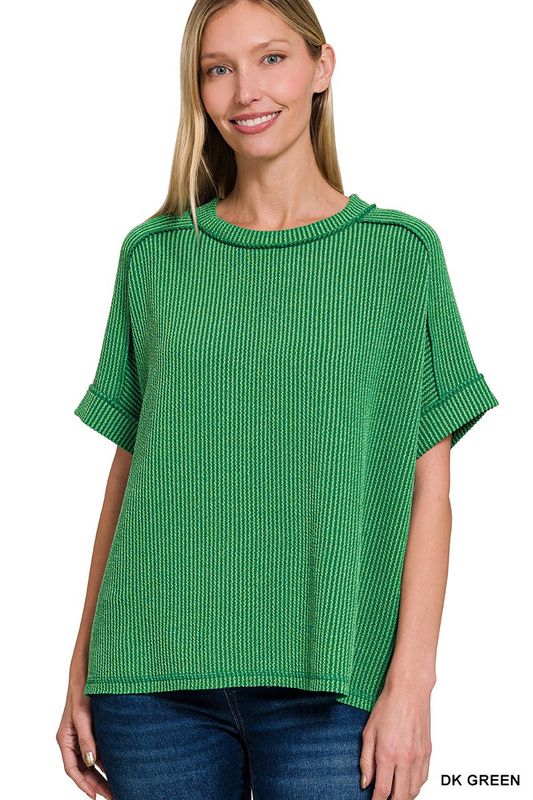 Ribbed Short Sleeve Cuffed Raw Edge Top-Green