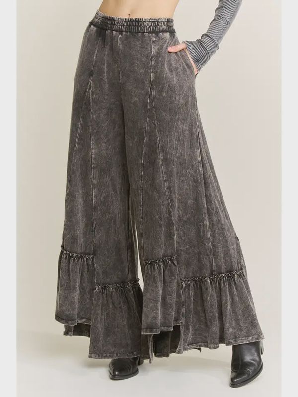 Mineral Washed Jersey Tiered Skirt Pants-Ashed Black