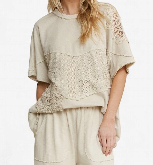 Mineralwashed Lace Crochet Cut Short Sleeve Top