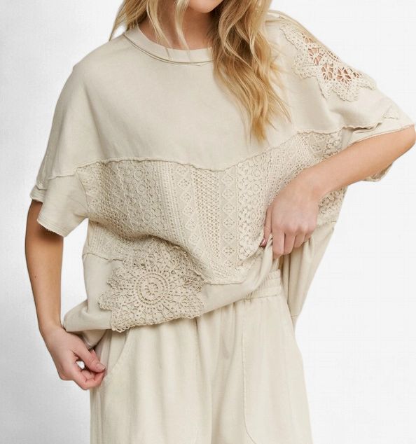 Mineralwashed Lace Crochet Cut Short Sleeve Top