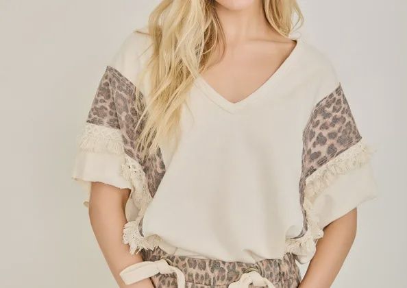 Mineral Washed Animal Print Fringe Trim Blouse Top