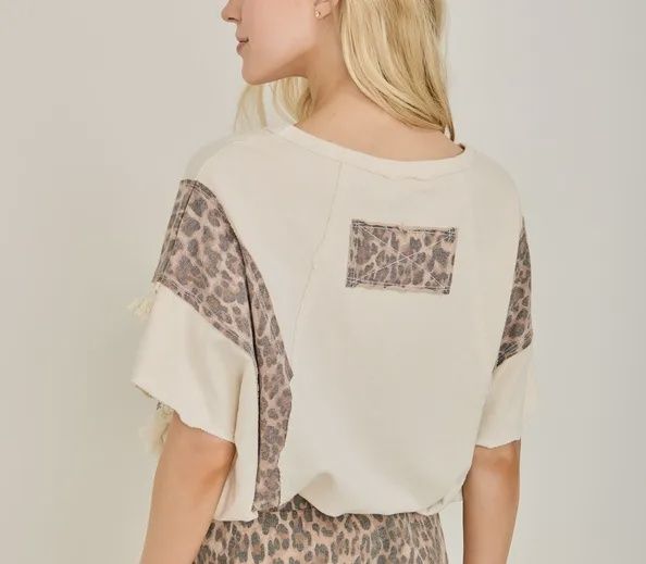 Mineral Washed Animal Print Fringe Trim Blouse Top
