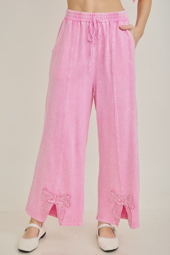 Mineral Washed Cute Bow Trim Slit Pants