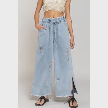 Wide Leg Drawstring Elastic Waist Distressed Denim Pants